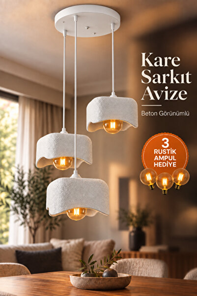JUTUAL DEKOR Beton Görünümlü Beyaz 3'lü Kare Sarkıt Avize Modern Bohem Salon ...