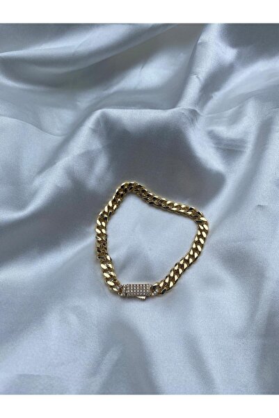 14K Gold Zirkon Taşlı Çelik Bileklik