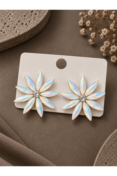 serelya White Color Crystal Stone Lotus Model Women's Earrings