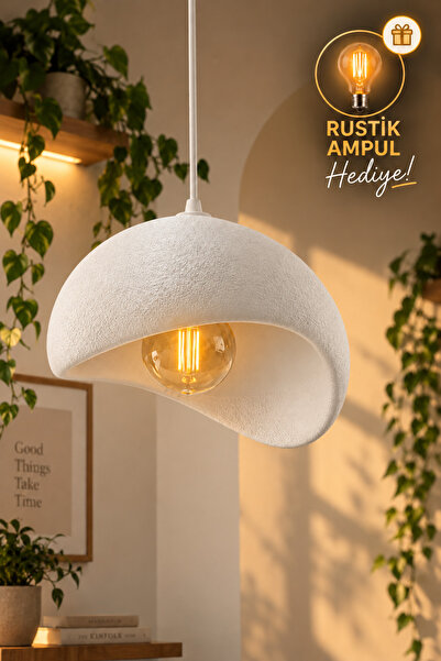 JUTUAL DEKOR Beton Görünümlü Beyaz Tekli Sarkıt Avize Dokulu Modern Bohem İsk...