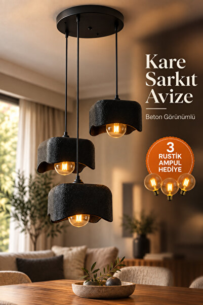 JUTUAL DEKOR Beton Görünümlü Siyah 3'lü Kare Sarkıt Avize Modern Bohem Salon ...