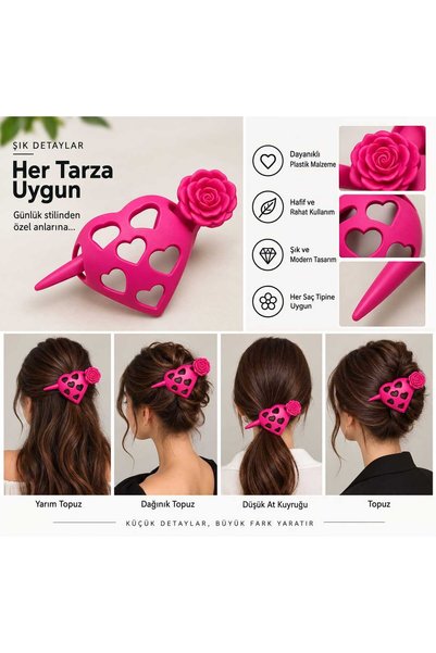 Gül Detaylı Kalpli Saç Tokası (Pembe)
