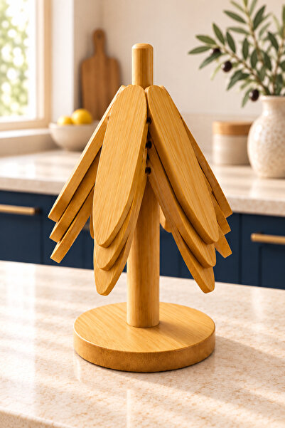 Kitchera Home 3'Lü Standlı Katlanır Bambu Nihale Bardak ve Tencere Altlığı Is...