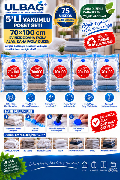 ÜLBAG 5'li Vakumlu Saklama Poşet Seti 70 Cm X 100 Cm Yastık, Elbise, Battaniy...