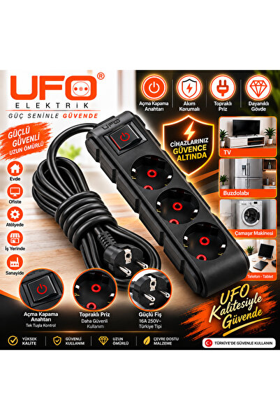 UFO Akım Korumalı Anahtarlı Kablolu Üçlü Grup Priz Siyah 1.5 Metre 3500w