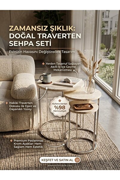 Nokta Sehpa Home Gümüş METAL traverten TABLA 3,lü Zigon Sehpa