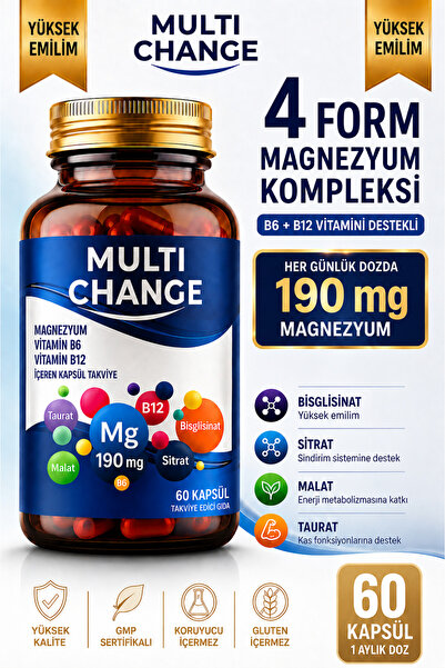Multi change Magnezyum Complex 4X (Bisglisinat, Sitrat, Malat, Taurat) + B6 v...