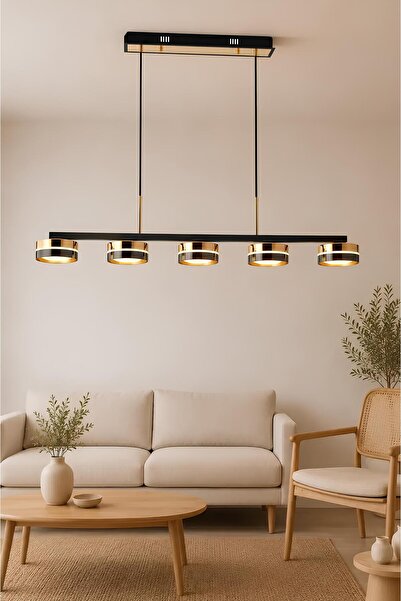 Elvora Home 5'li Modern PREMİUM Gold 3 Renkli LEDli Sarkıt Avizesi Salon Mutf...