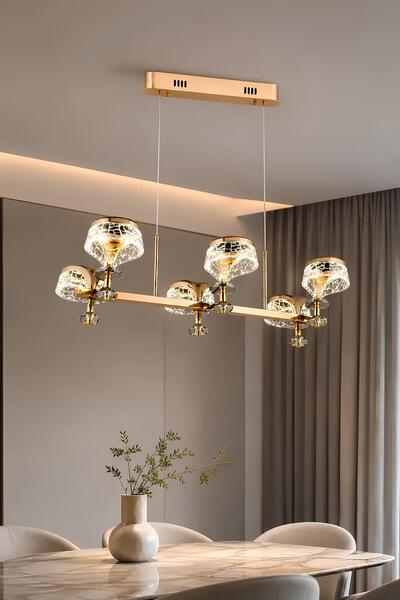 Elvora Home 6'lı Gold Modern (PREMİUM) 3 Renkli LEDli Sarkıt Avizesi Salon Mu...