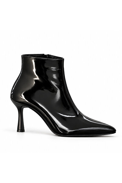 BESKAR Full Black Patent Leather Pointed Toe 8 cm Stiletto Women's Boots