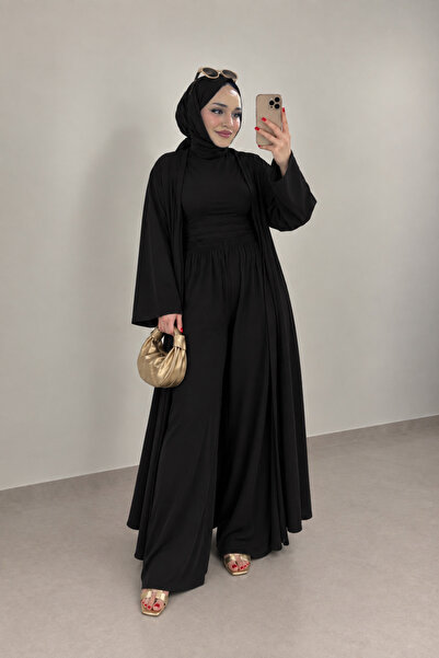 BNGL Boutique Sandy kumaş üçlü abaya takım siyah renk