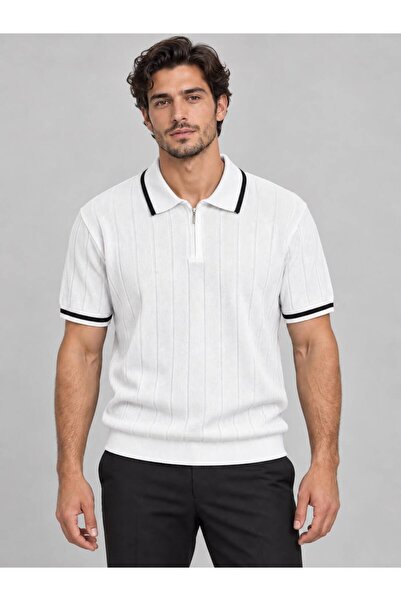 Butik تي شيرت تريكو بأكمام قصيرة وياقة بولو مع سحاب أمامي