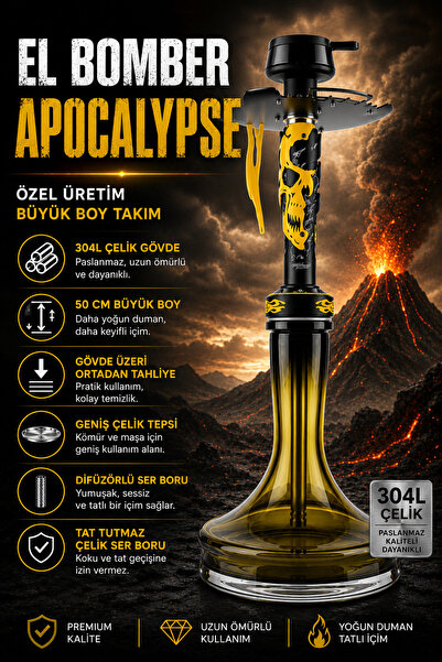 perfectmegastore El Bomber Apocalypse Nargile Takımı 50 cm Büyük Boy 304L Pas...