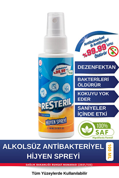 Resteril Seyahat Boy 100ml Dezenfektan Sprey Alkolsüz Parfümsüz Hipokloröz As...