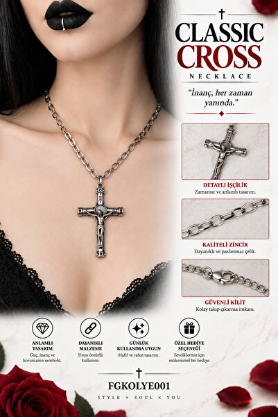 FG KONNİCHİWA HAÇ ISTAVROZ GOTIC KOLYE HAÇ SİMGELİ MOTİFLİ