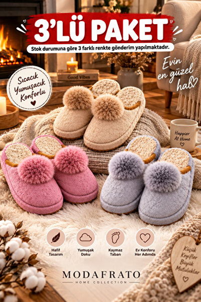 Moda Frato 3'lü Paket ALORA Püsküllü Kadın Terlik Ev Terliği Ses Yapmayan Tab...