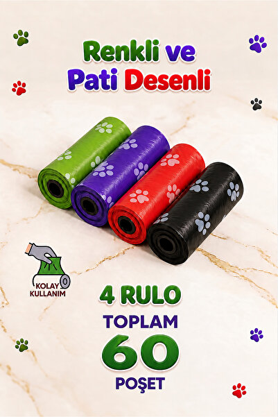 Arbolos Köpek Kaka Poşeti 4 Rulo 60 Poşet Pati Desenli Dışkı Toplama Poşeti