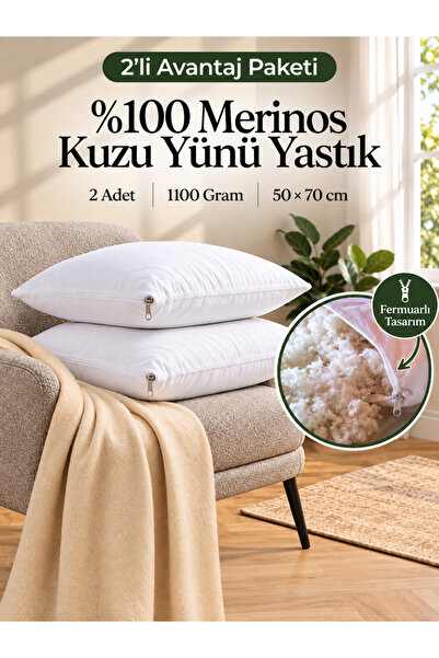 sadevia yün 2'li %100 Merinos Boncuk Kuzu Yünü Dolgulu Yastık - 50*70 cm
