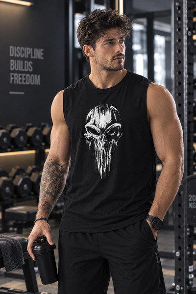 TREND ALİSSE Sporcu Punisher Skull Baskılı  Fitness Gym  Atleti - 0 Kol Spor ...