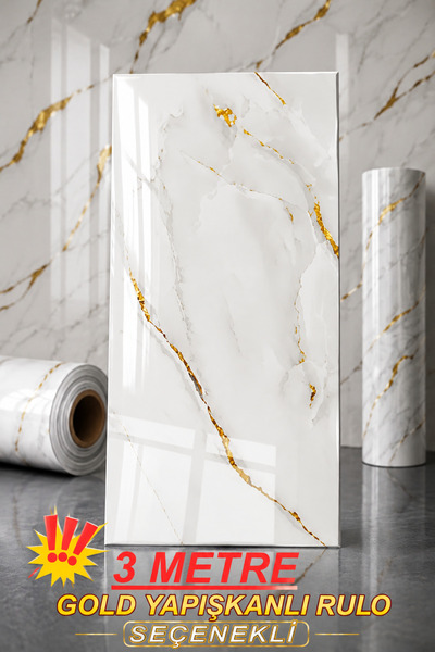 Renkli Duvarlar Beden Seçenekli Gold Mermer Desenli 30x60 - 60x300cm Yapışkan...