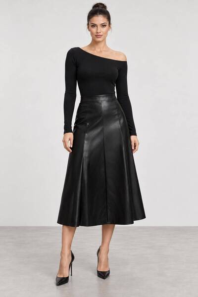 Grenj Fashion Siyah Suni Deri Yüksek Bel Maxi Etek