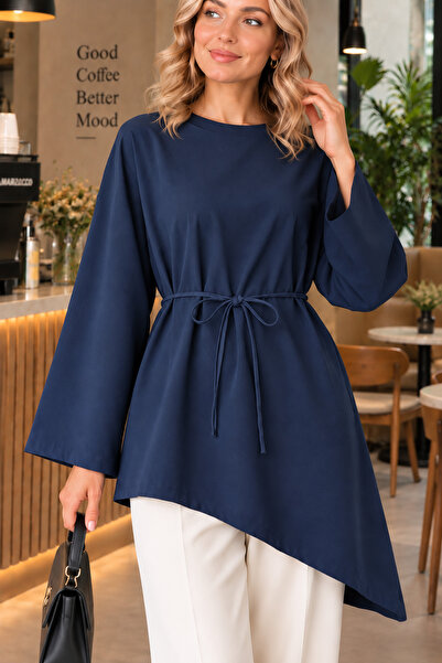 SERAZAT Women's Asymmetrical Cut Belted Tunic Long Sleeve Loose Stylish Blouse