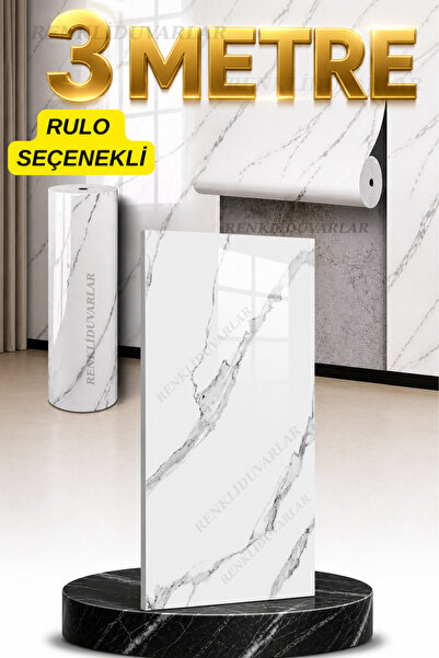 Renkli Duvarlar Shiny 30x60 cm Beden Seçenekli Parlak Beyaz Mermer Desenli Ya...