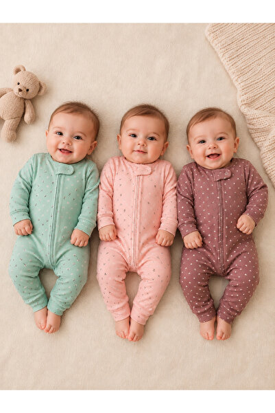 PonçiKids 3’lü Kız Bebek Tulum Seti | Yumuşacık Pamuklu Fermuarlı Uzun Kollu ...
