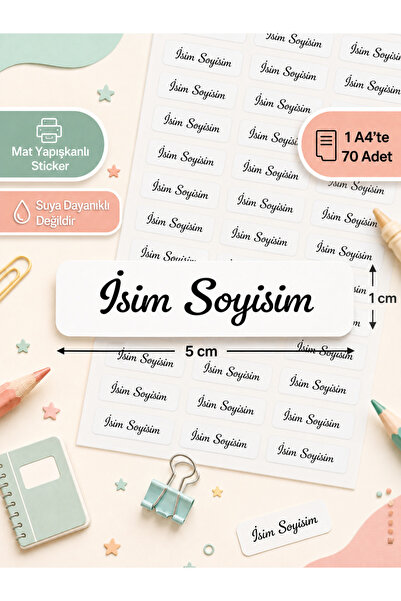 Hayali Çizgili Kişiye Özel İsim Etiketi Mat Baskı 5x1 cm 70 Adet A4 Okul İsim...