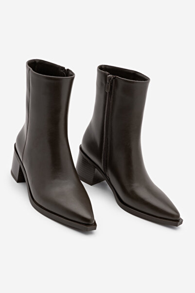 Marjin Women's Pointed Toe Stitching Detailed Thick Heeled Boots Vorsis Brown