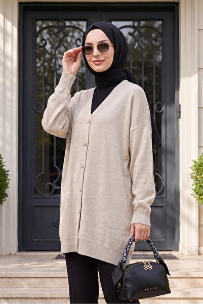 Modamorfo Buttoned Winter Hijab Knitwear Cardigan -Stone
