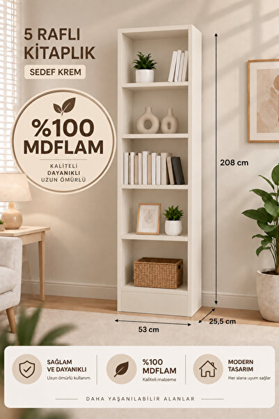 Genel Markalar Modern 5 Raflı Kitaplık %100 MDFLAM 208x53x25,5 cm Çok Amaçlı ...