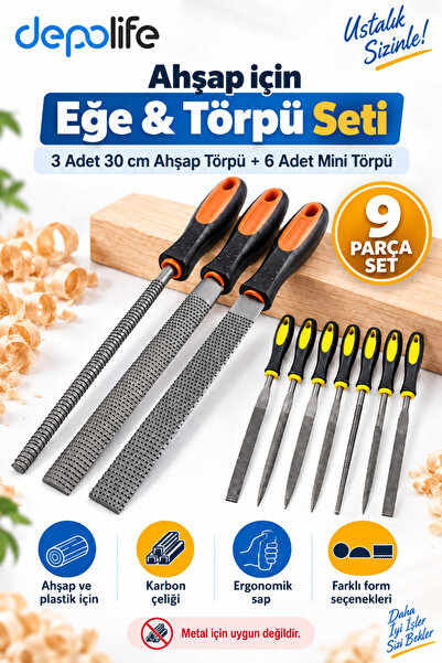 Depolife Ahşap için Ege & Törpü Seti 9 Parça Törpü Eğe