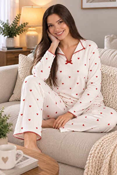 Arvin Pijama طقم بيجاما شتوي للنساء بنقشة قلوب، من قطن ناعم وممشط من الداخل، ...
