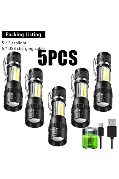 Heinast 5pcs COB+XPE Mini Portable Flashlight Zoomable Small Torch USB Rechar...