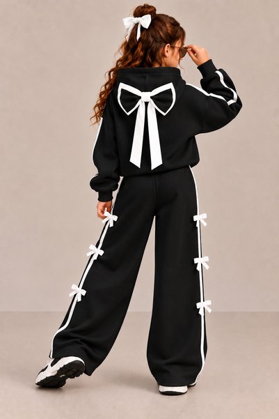 ELAFOR Three-Threaded Ribbon Detailed Hooded Tracksuit Set for Girls, Top and Bottom, 2-Piece Set