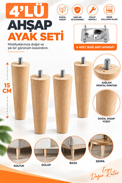 NUBLADO Ahşap 15CM Dolap Mobilya Koltuk Kanepe Ayağı Ayakları M8 Civatalı Bağ...