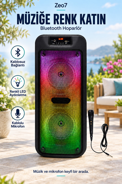 Zeo7 Bluetooth Hoparlör Çift 6.5'' Sürücü TWS FM Radyo USB TF Kart Mikrofon G...