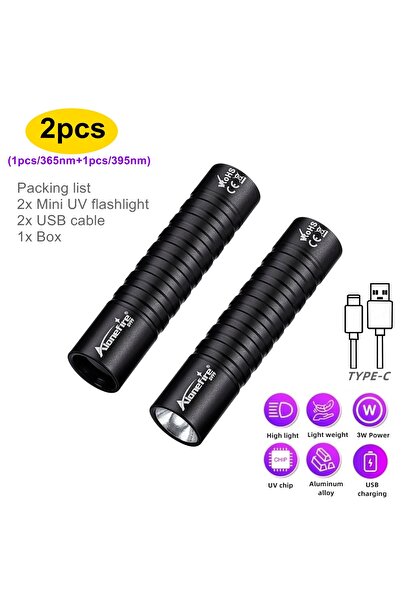 Choice 14500 black 2pcs-365nm-395nm Mini 365nm 395nm UV Flashlight USB Rechar...