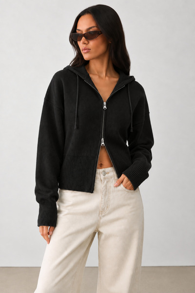 Madmext Black Hooded Double Zipper Women's Knitwear Cardigan Mg2893