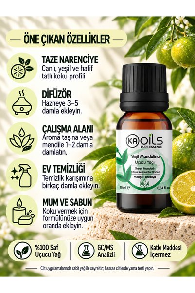 KAOils Pure Essence 100% Pure Green Tangerine Essential Oil 10 ml |   Diffuser and Aromatherapy Oil |   Ferah Citrus Aroma