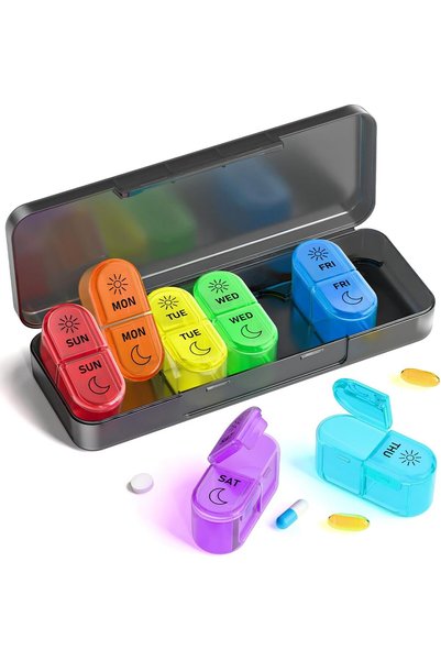 Choice Rainbow 7 Day AM/PM Pill Organizer, 2x/Day Weekly Pill Box, Sealed Por...