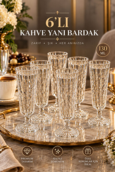 Mutfiko Lüks Kristal Cam Ayaklı Kahve Yanı Bardağı Seti – 130 ml – 6’lı Şık S...