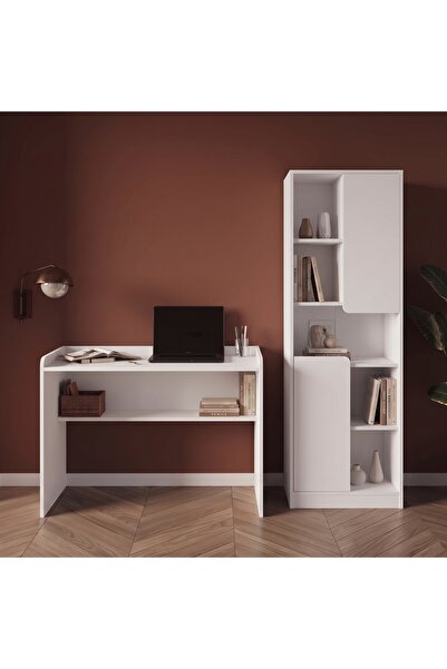 Bimossa T2140 Daffy Çalışma Masası ve Kitaplık Takımı Beyaz - Raflı Masa ve 2...