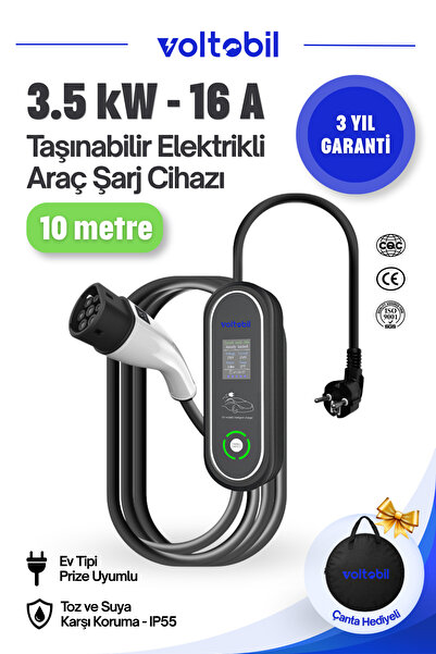 Taşınabilir Elektrikli Araç Şarj Cihazı 3,5 kW - 10 Metre (Ev Prizine Uyumlu)