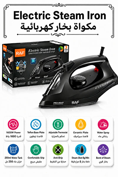 RAF 1600W Ceramic Steam Iron with Ceramic Soleplate, 250ml Water Tank, Vertic...