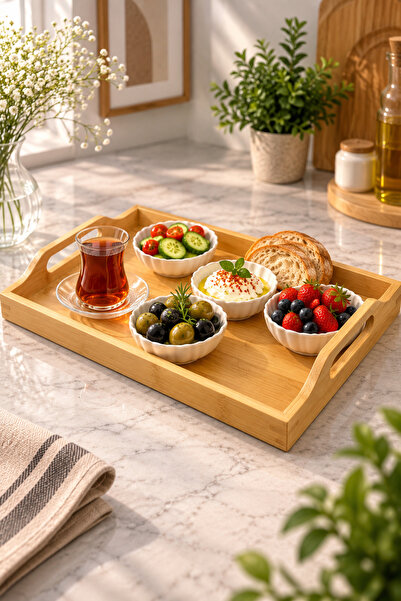 YzHome Küçük Boy Bambu Kulplu Çay Kahve Servis Sunum Tepsisi Tepsi 33*24cm