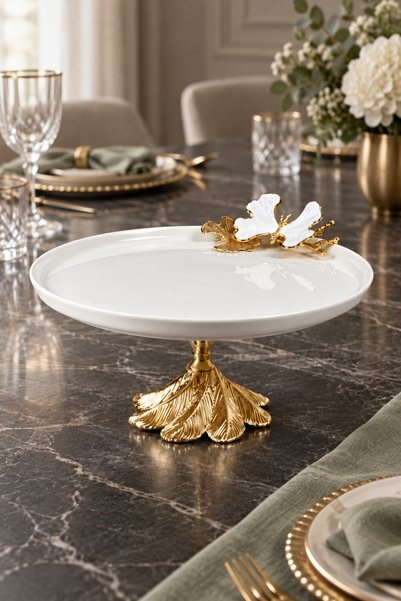 MAY HOME White Butterfly Kand Ayaklı Porselen Tabak