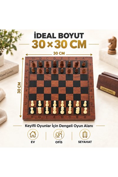e-life shop Luxury Natural Wooden Magnetic Chess Set 30 X 30 cm Foldable Portable Premium Chess with Slots