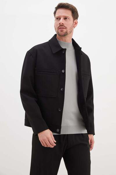 Fulla Moda Buttoned Polo Collar Double Pocket Short Cashmere Coat